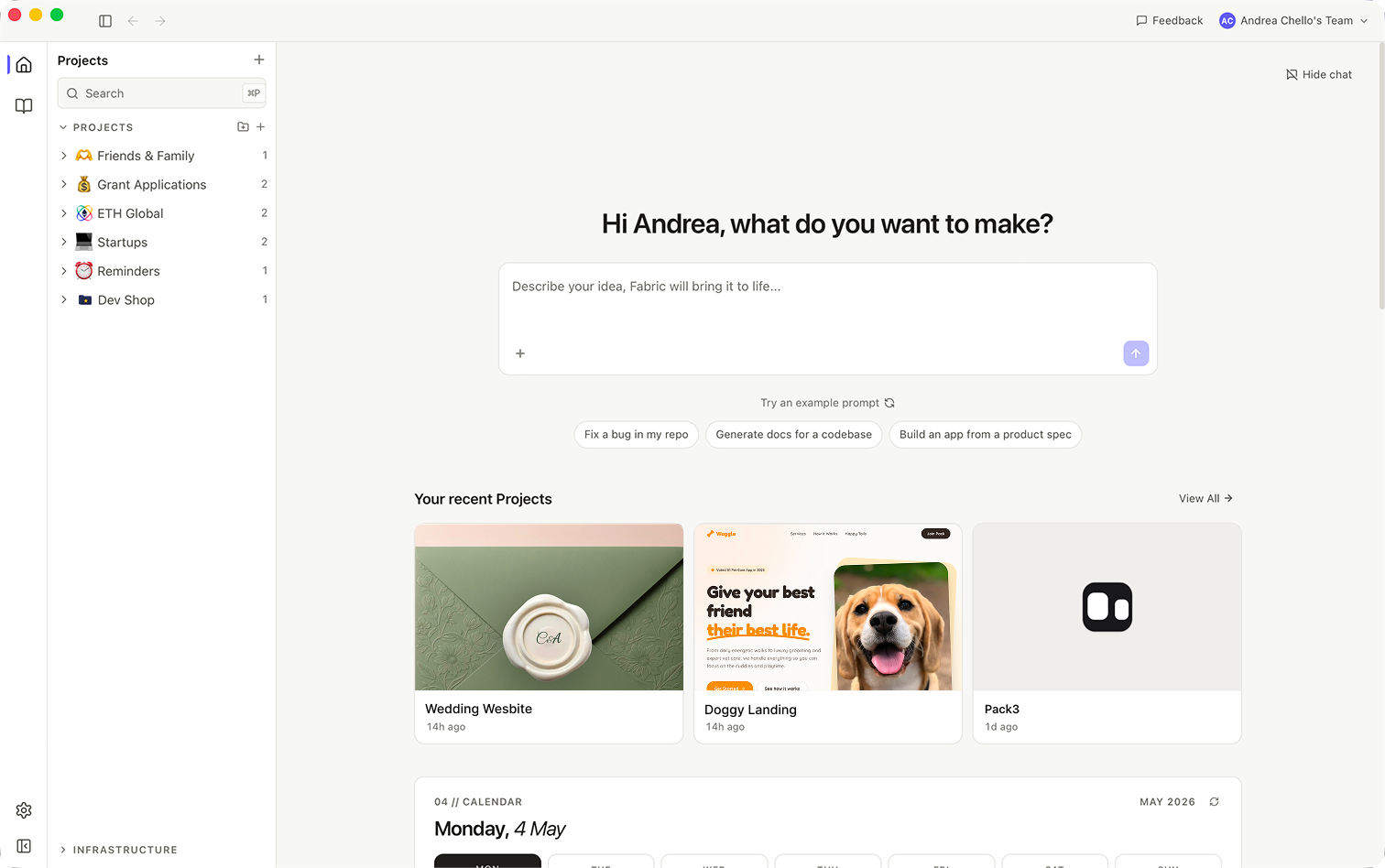 Fabric workspace — projects, recent items and AI prompt in one window