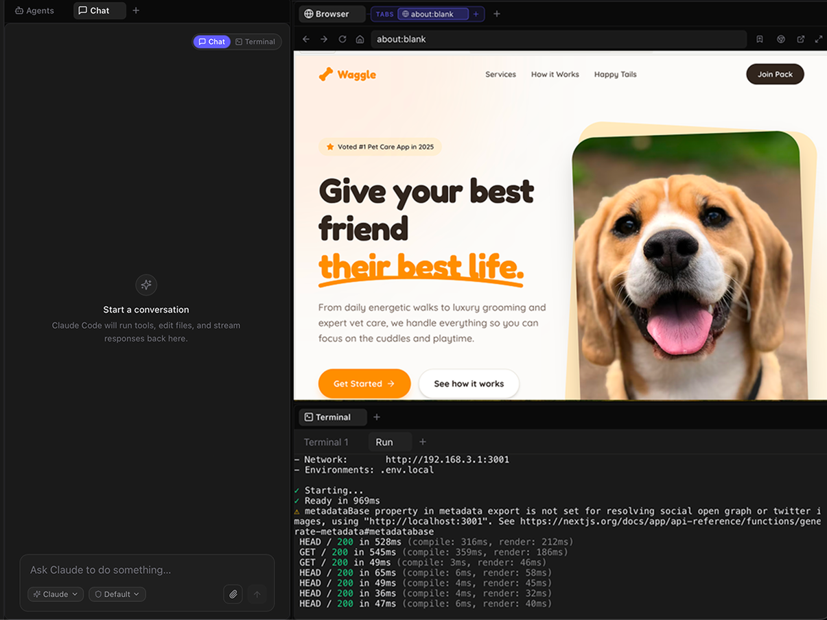 Fabric workspace with chat, browser, and terminal in one window