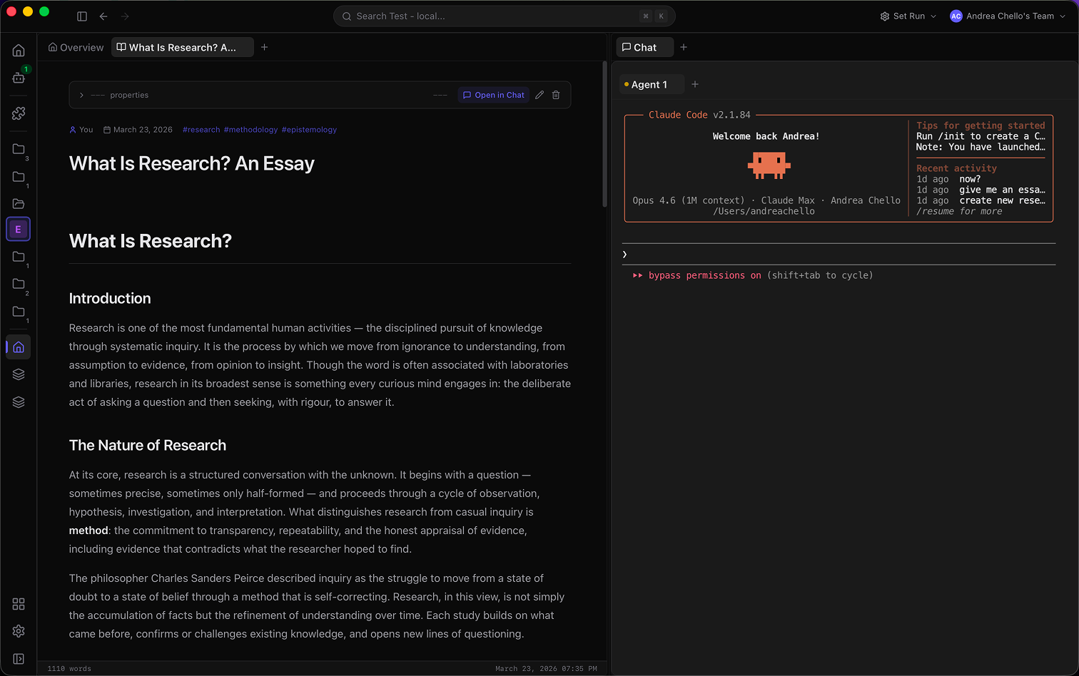 Fabric AI research and AI chat split view — write documents alongside AI agents